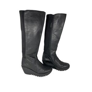 Fly London Wedge Tall Boots W/40/9 Black Leather micro Suede LN 3" heel